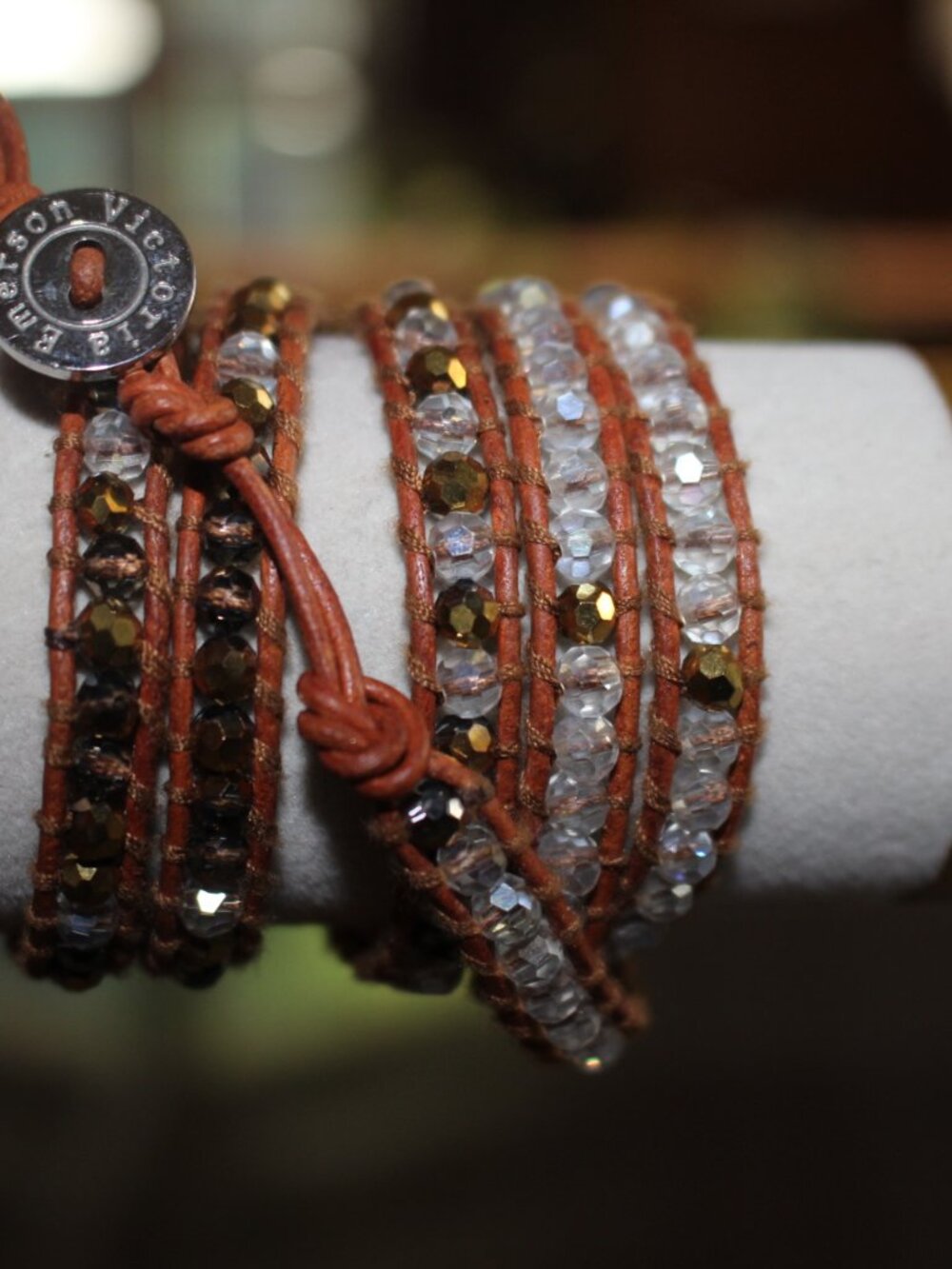 Victoria Emerson Wrap Leather Cord & Crystal Bracelet Bronze, AB, Clear